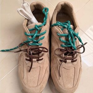 Beige Sneakers with Teal and Brown Laces